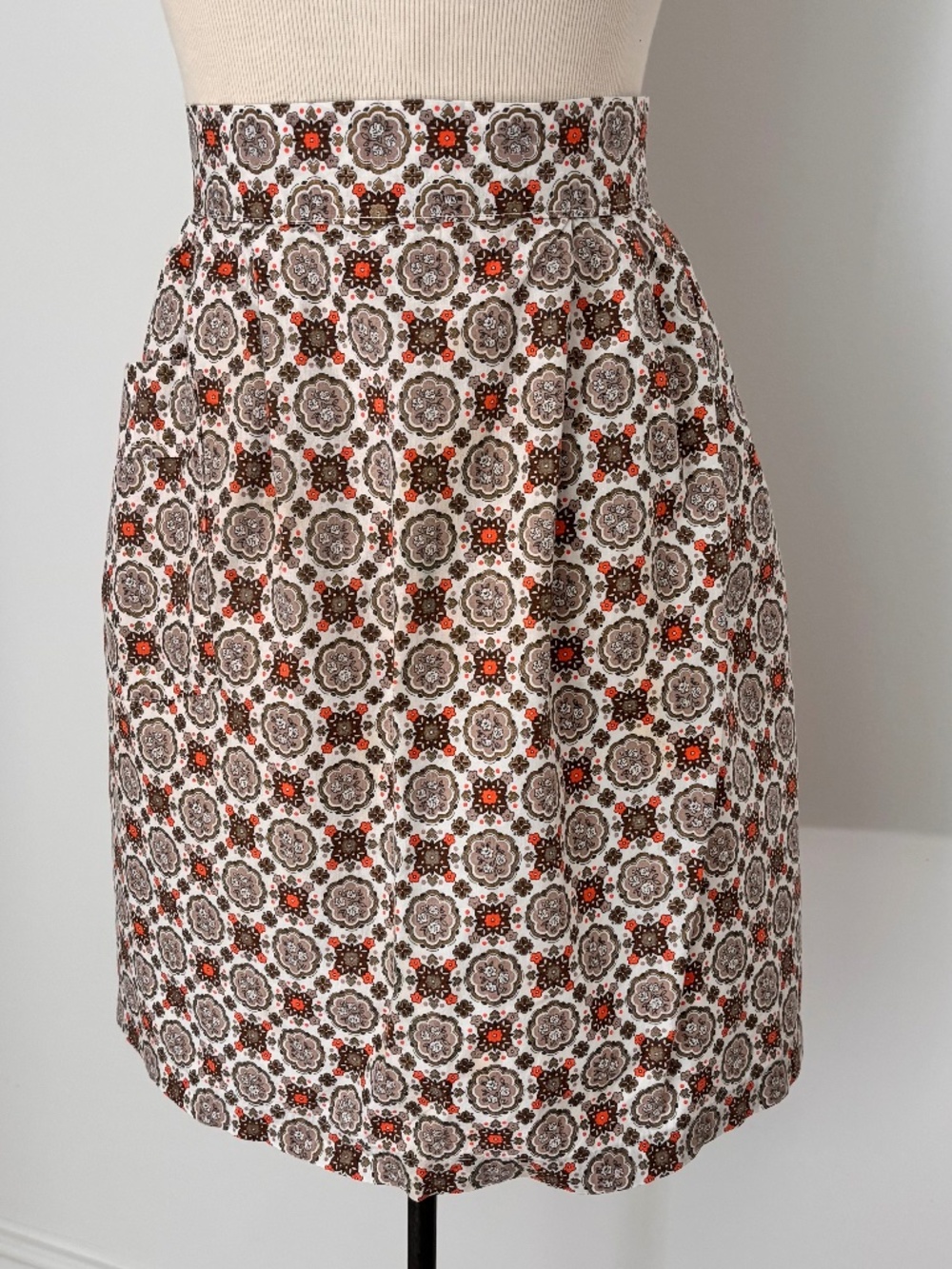 Vintage handmade kitchen apron geometric pattern browns, oranges, fall